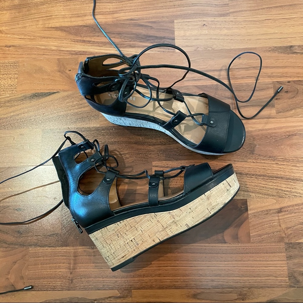 Coach Barkley Black Wedge Sandals Lace up Ankle